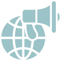 Megaphone in front of a globe icon.